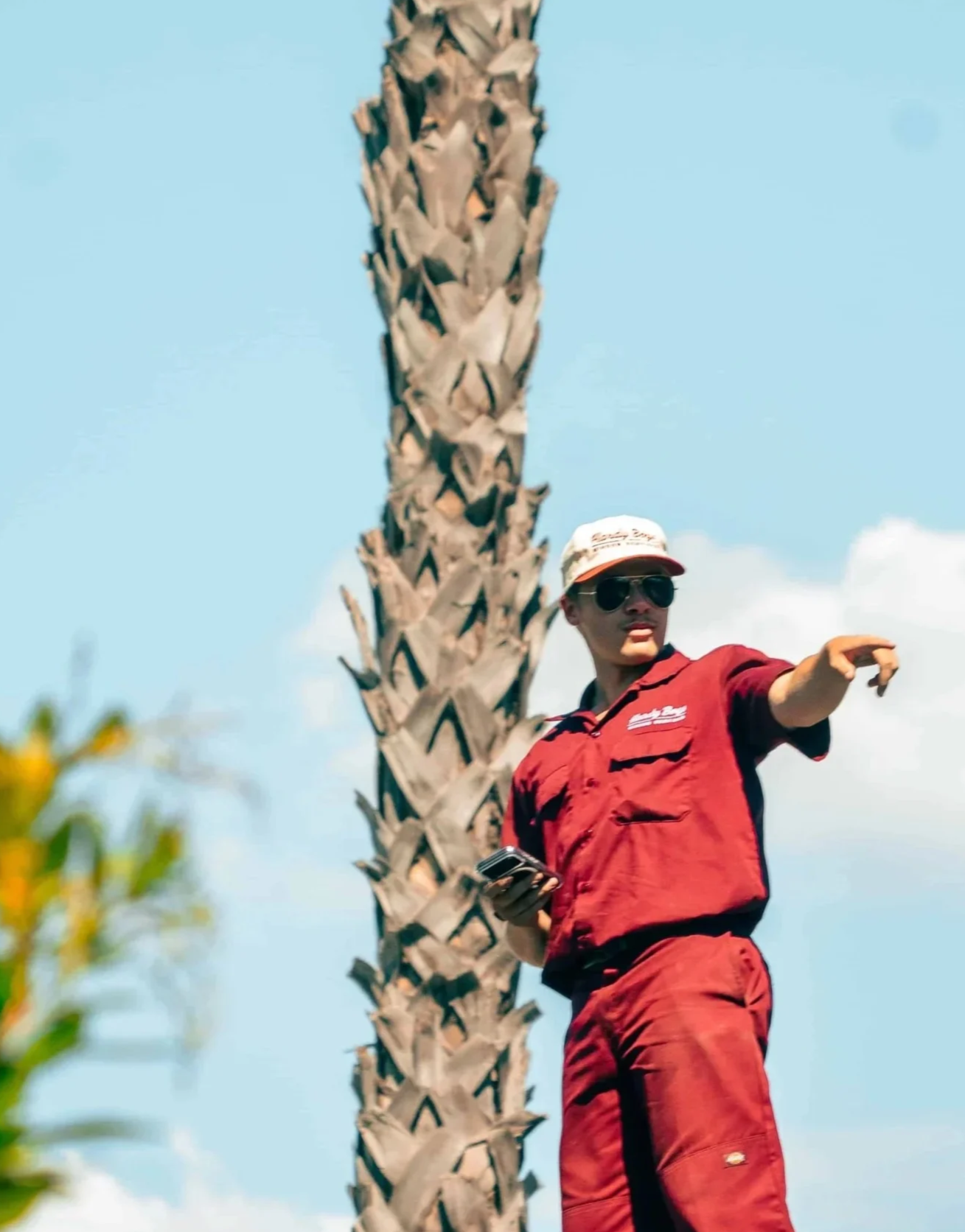 Person in red clothing points beside a tall palm tree under a blue sky.